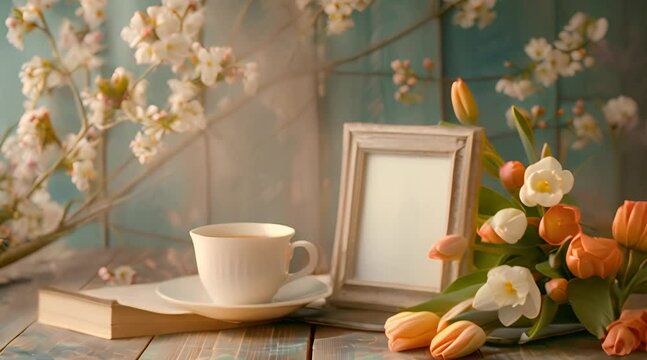 empty picture frame on table with cup of coffee and flowers