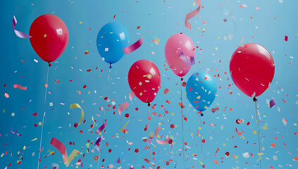 colorful party balloons from confetti over blue backg