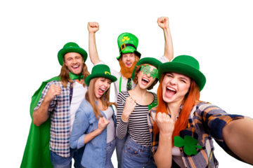 Self-portrait of nice cool crazy attractive cheerful positive stylish people guys ladies wearing costumes win winner lucky great news pub isolated over bright vivid shine background