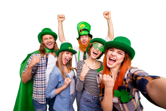 Self-portrait of nice cool crazy attractive cheerful positive stylish people guys ladies wearing costumes win winner lucky great news pub isolated over bright vivid shine background