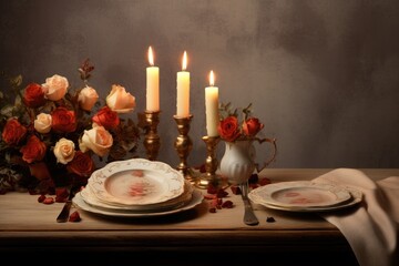 A romantic scene with candles and dinnerware