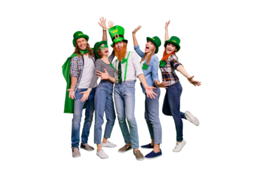 Full length body size photo five company friends hands arms up spend holiday tradition national funny funky specs casual outfit saint paddy day laugh laughter isolated on bright green background