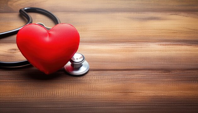 a red heart with a stethoscope on a wooden tab