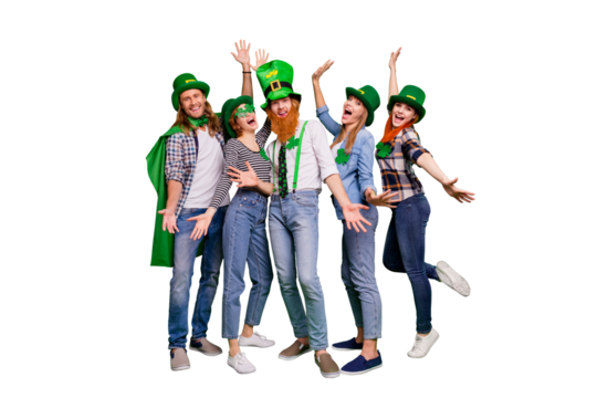 Full length body size photo five company friends hands arms up spend holiday tradition national funny funky specs casual outfit saint paddy day laugh laughter isolated on bright green background