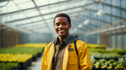 A dark-skinned African American man plants and cares for plants, seedlings, vegetables in a greenhouse.