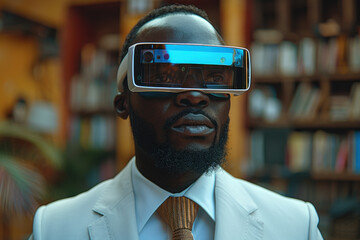 African businessman in suit in 3D virtual glasses at modern office