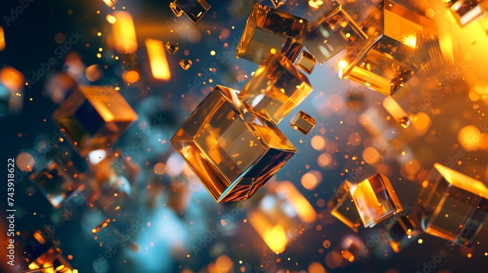 Poster falling golden cubes with bokeh effect