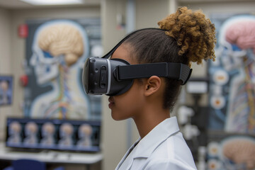 a female doctor wearing VR headset in a hospital