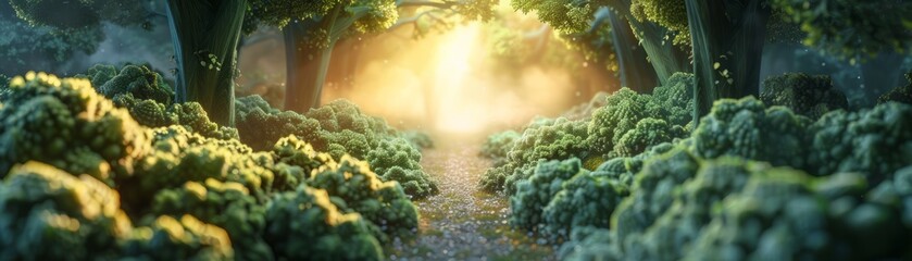 Enchanting Sunlit Forest Pathway with Lush Greenery