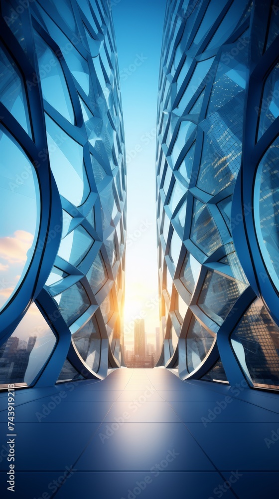 Wall mural futuristic curved architecture with glass facade reflecting sunset sky in urban landscape