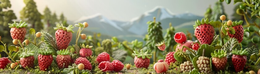 Lush Miniature Berry Landscape with Scenic Mountain Backdrop