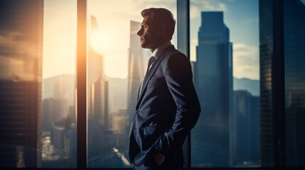 Fototapeta premium Silhouette of a businessman gazing out at the cityscape, evoking leadership.