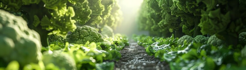 Vibrant Green Organic Vegetable Garden Rows under Sunlight - obrazy, fototapety, plakaty
