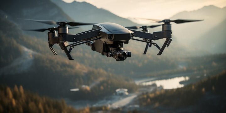 Drone flying over craggy mountain peaks at dusk, highlighting exploration technology.