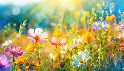 meadow flowers in early sunny fresh morning. Vintage autumn landscape background. colorful 