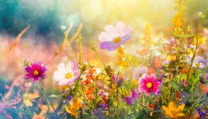 Fototapeta na wymiar meadow flowers in early sunny fresh morning. Vintage autumn landscape background. colorful 