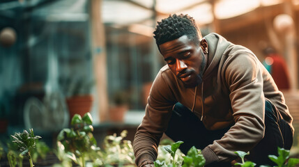 Dark-skinned man planting seedlings in greenhouse - obrazy, fototapety, plakaty