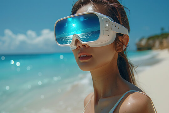 Asian woman in 3D virtual glasses on tropical beach near sea - Powered by Adobe
