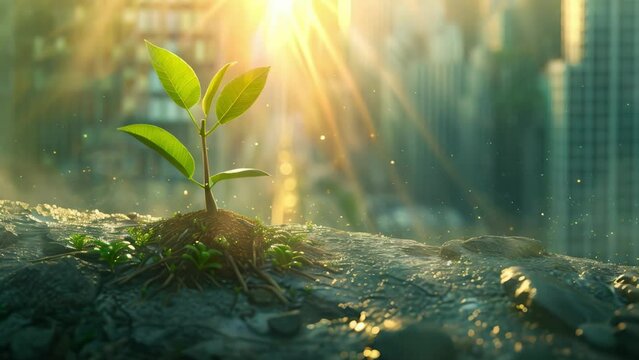 A single young plant sprouts from urban rubble, bathed in rays of sunlight, symbolizing hope and renewal.
