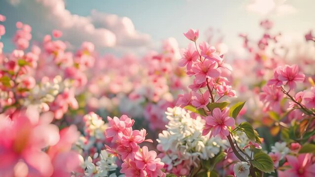 A beautiful display of vibrant pink flowers in full bloom, basking in the soft sunlight with a dreamy sky backdrop.
