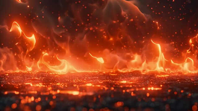 hot glowing embers and flames in fire, with a blurred background.
