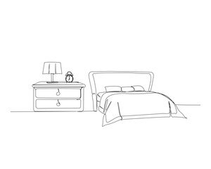 Continuous one line drawing of bed and nightstand. Bed, side table, alarm clock single outline vector illustration. Editable stroke.