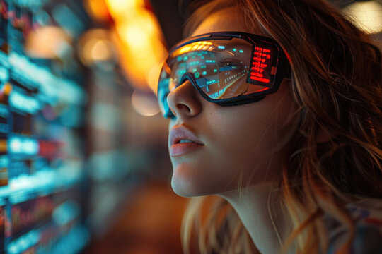 Caucasian woman in 3D virtual glasses in and interactive glass board
