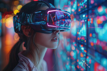 Caucasian woman in 3D virtual glasses in and interactive glass board