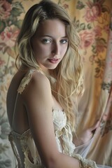 Fototapeta premium Woman in White Dress Sitting in Chair. Generative AI