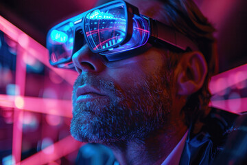 Caucasian man in 3D virtual glasses in and interactive glass board