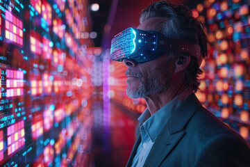 Caucasian man in 3D virtual glasses in and interactive glass board