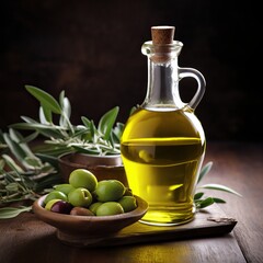 olive oil and olives. A glass bottle filled with golden olive oil
