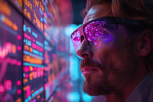 Caucasian man in 3D virtual glasses in and interactive glass board