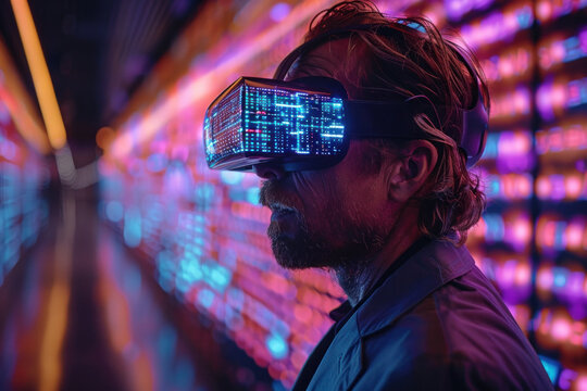 Caucasian man in 3D virtual glasses in and interactive glass board