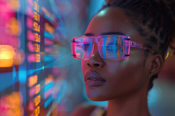 African woman in 3D virtual glasses in and interactive glass board