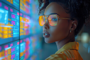African woman in 3D virtual glasses in and interactive glass board