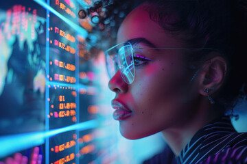 African woman in 3D virtual glasses in and interactive glass board