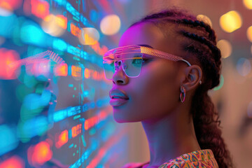 African woman in 3D virtual glasses in and interactive glass board
