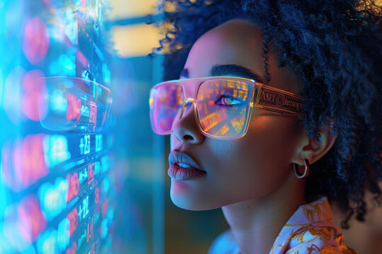 African woman in 3D virtual glasses in and interactive glass board