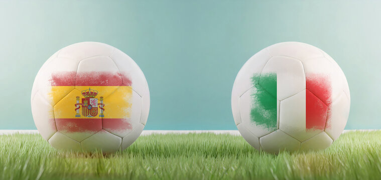 Spain vs Italy football match infographic template for Euro 2024 matchday scoreline announcement. Two soccer balls with country flags placed against each other on the green grass with copy space