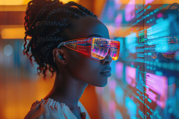 African woman in 3D virtual glasses in and interactive glass board