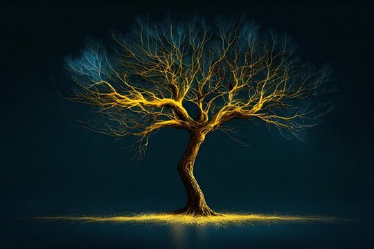Digital leafless tree with yellow lights, Generative Ai illustration