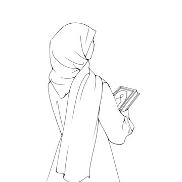 lineart illustration of Muslim woman in hijab carrying the Koran. Women wearing hijabs go to worship. Muslim with quran. Ramadan worship. Muslim coloring book.