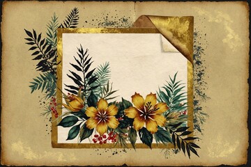 old paper with golden tropical flowers and leaves