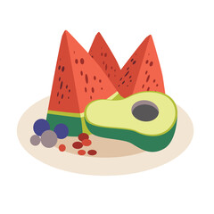 Fruits on a plate as dessert, watermelon avocado and grapes, flat vector illustration