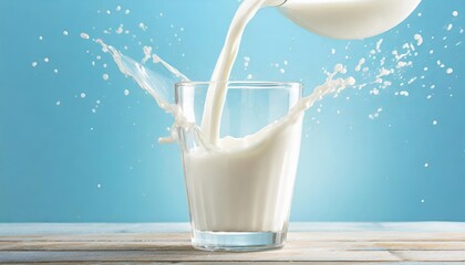  Pouring fresh milk into the glass with splashing on light blue background. 