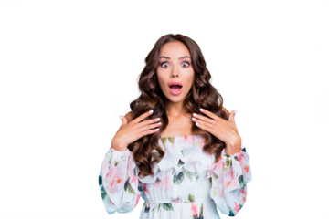 I can not believe its true! Portrait of lovely, sweet, gorgeous, stunning, astonishment lady in light white dress isolated on vivid turquoise background hold hands on chests wide open eyes and mouth