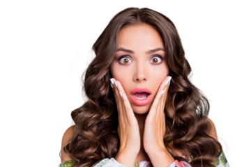 Close up portrait of curly brunette with wow face hold palms on cheeks look at camera with wide open eyes and mouth isolated on bright teal background
