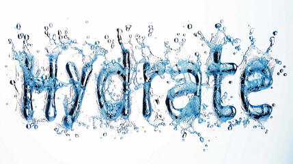 hydrate text with water splash isolated on white background