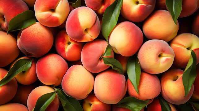 Natural peaches on background. Fresh ripe peaches. Yellow Peach, Prunus persica, fruit tree with red and yellow fuzzy fruits with firm yellow flesh, less sweeter